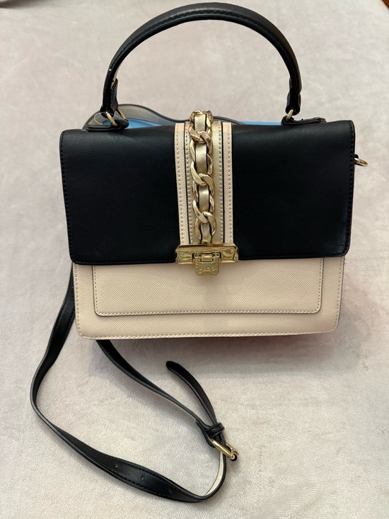 Aldo Handbags - ALDO Black Beige Top Handle Satchel Crossbody Gold Chain Accent Structured Purse